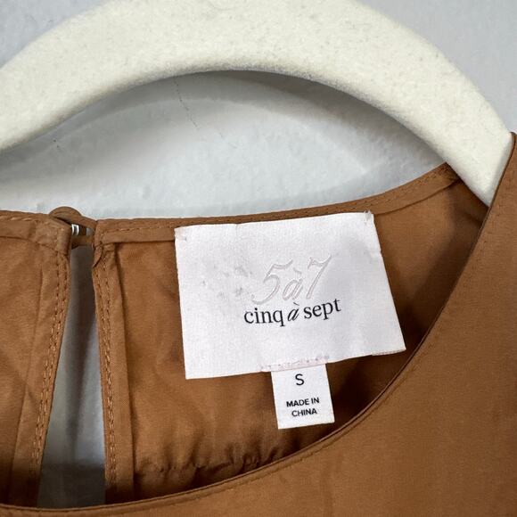 CINQ A SEPT Jackie Ruffle Trim Mini Dress Brown Tan Size Small Puff Sleeve - Picture 6 of 10